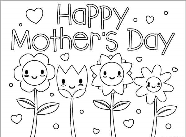 Kolorowanka online: Kolorowanka z czterema uśmiechniętymi kwiatami szczęśliwego dnia matki